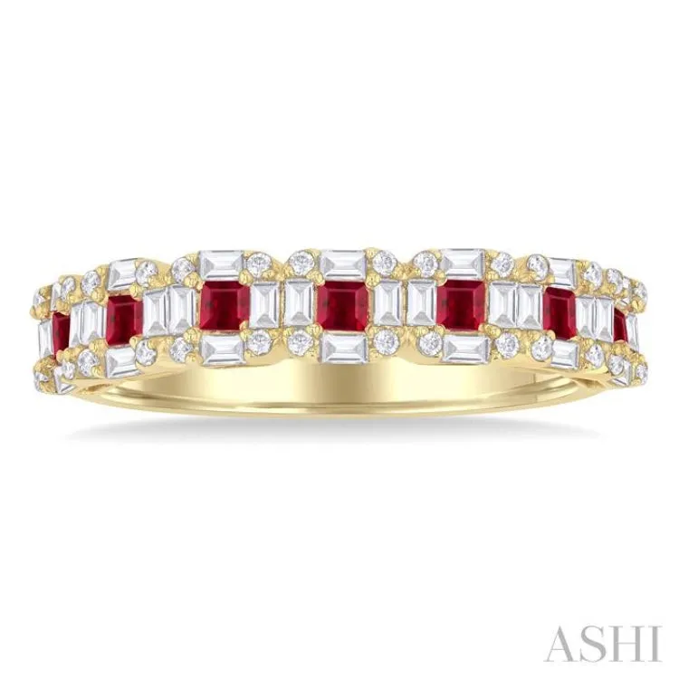 1/2 Ctw Princess Cut 1.75MM Ruby, Baguette & Round Cut Diamond Precious Ring in 14K Yellow Gold