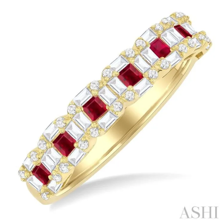 1/2 Ctw Princess Cut 1.75MM Ruby, Baguette & Round Cut Diamond Precious Ring in 14K Yellow Gold