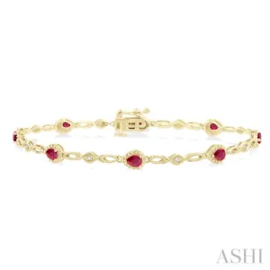 1/20 Ctw Pear Cut 4X3 MM Ruby and Round Cut Diamond Precious Fashion Bracelet in 10K Yellow Gold