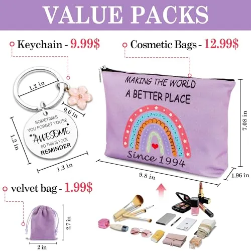 13th Birthday Gifts for Girls with 2011 Birthday Makeup Bag and Inspirational Keychain, 13 Year Old Birthday Gift Ideas for Daughter, Niece, Granddaughter, Summer/Christmas Cosmetic Travel Bag