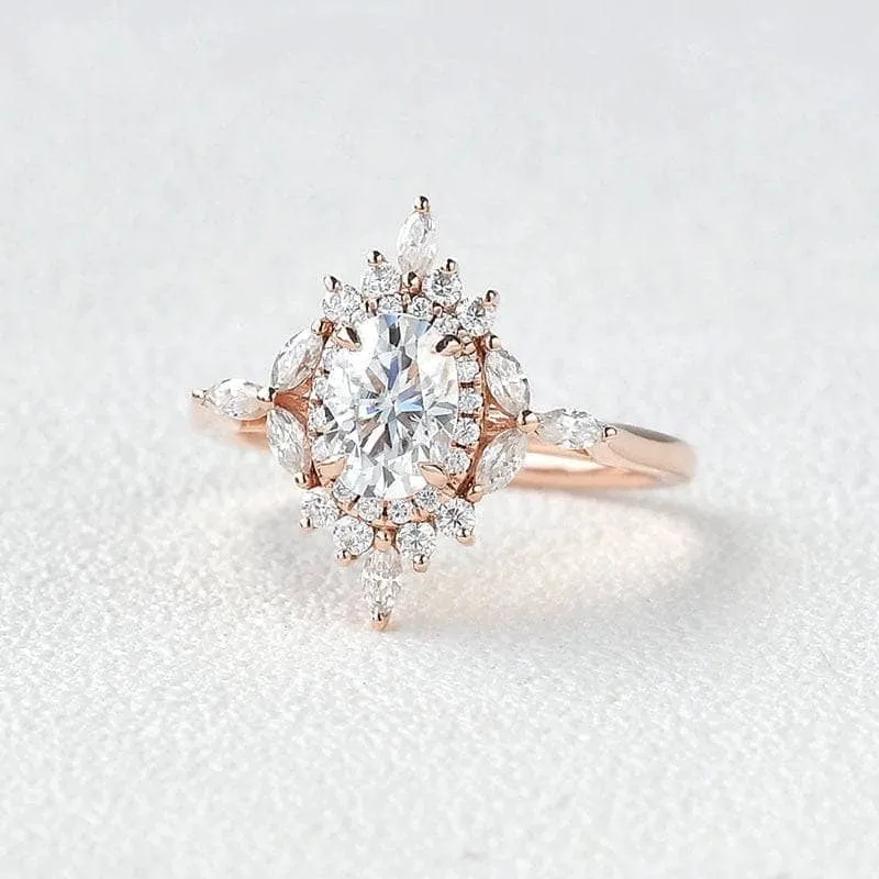 14k Gold Oval Cut 1.0 Ct Diamond Antique Flower Engagement Ring