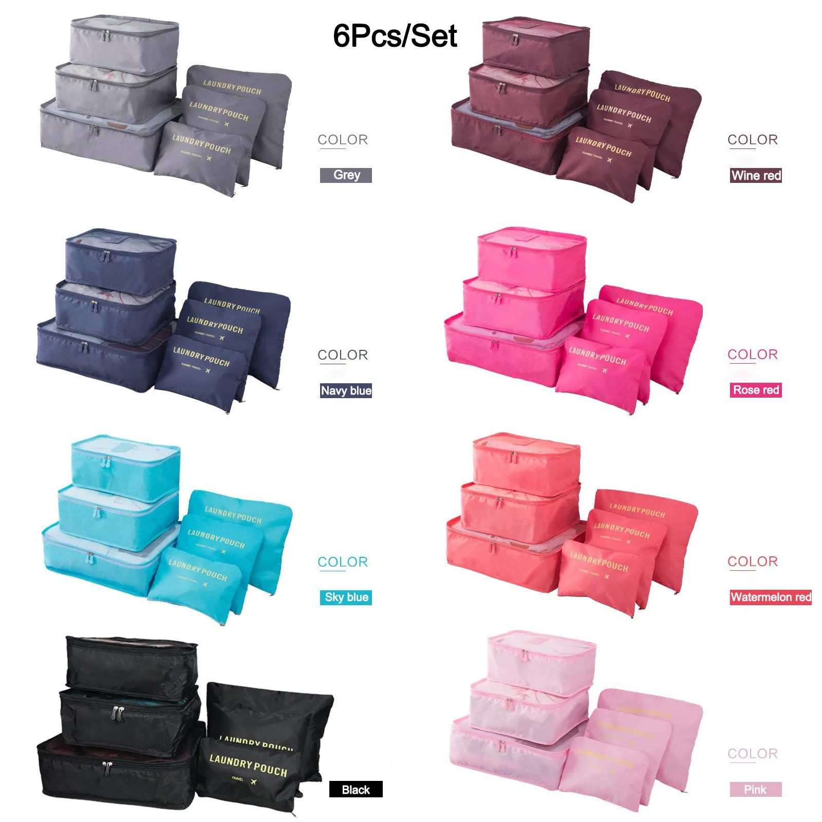 6pcs Travel Storage Bag Luggage Organizer Packing Tidy Clothing 6In1 Clothes Laundry Sleeves Pouch Cubes Organiser