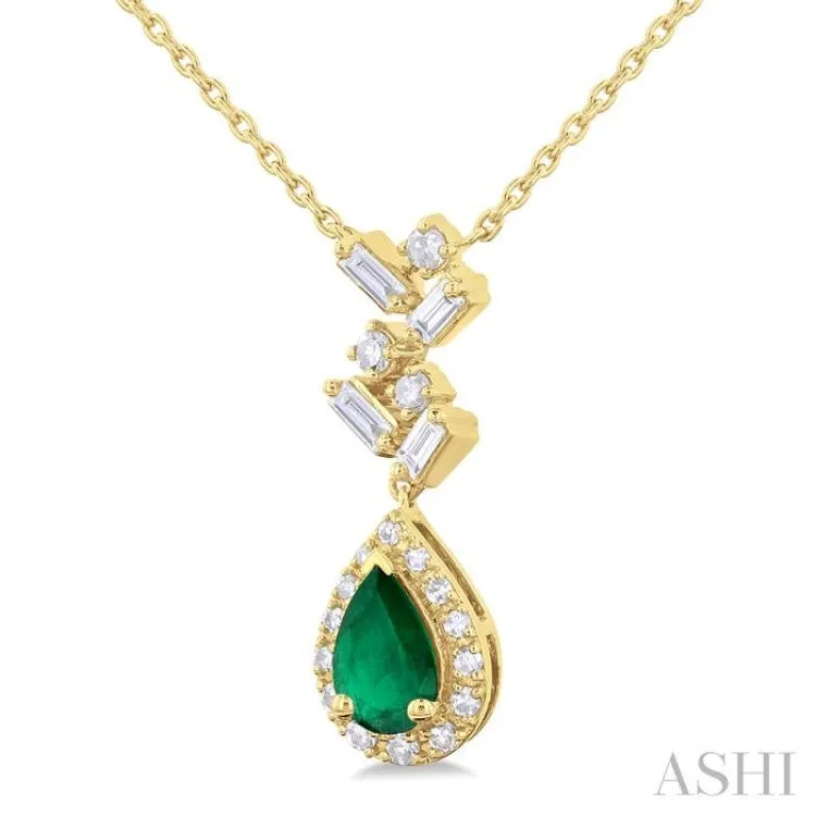 6X4MM Pear Cut Emerald and 1/5 ctw Scatter Baguette & Single Cut Halo Diamond Precious Necklace in 10K Yellow Gold