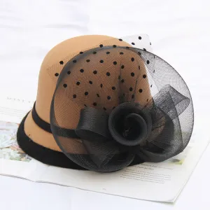 Autumn and winter woolen hat net flower ladies wild British retro wedding fashion hat