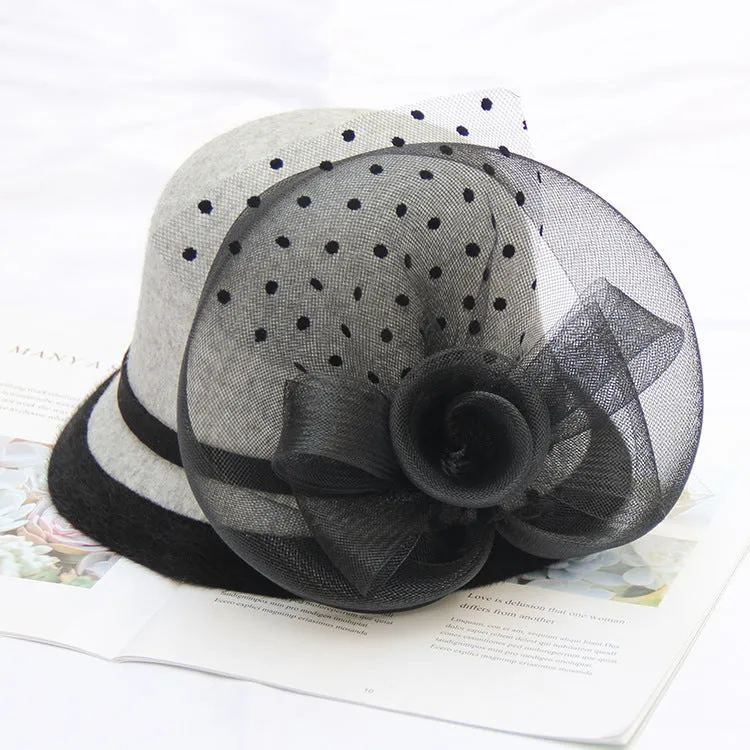 Autumn and winter woolen hat net flower ladies wild British retro wedding fashion hat