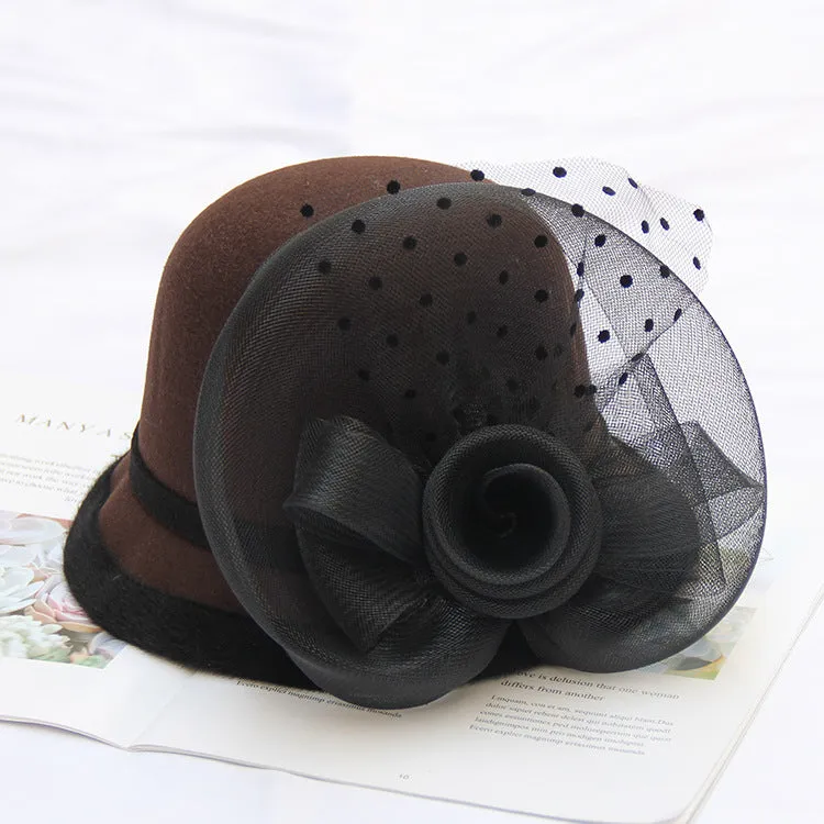 Autumn and winter woolen hat net flower ladies wild British retro wedding fashion hat