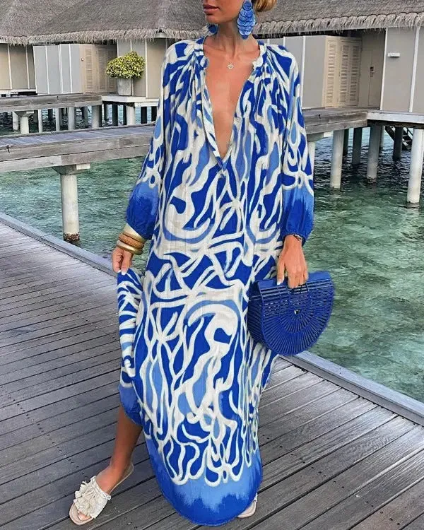 Autumn V-Neck Loose Long Sleeve Print Dress