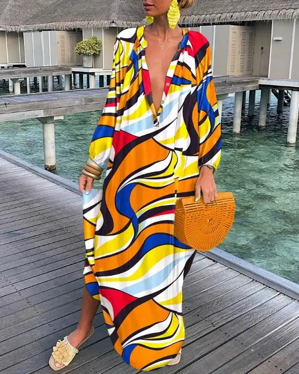 Autumn V-Neck Loose Long Sleeve Print Dress