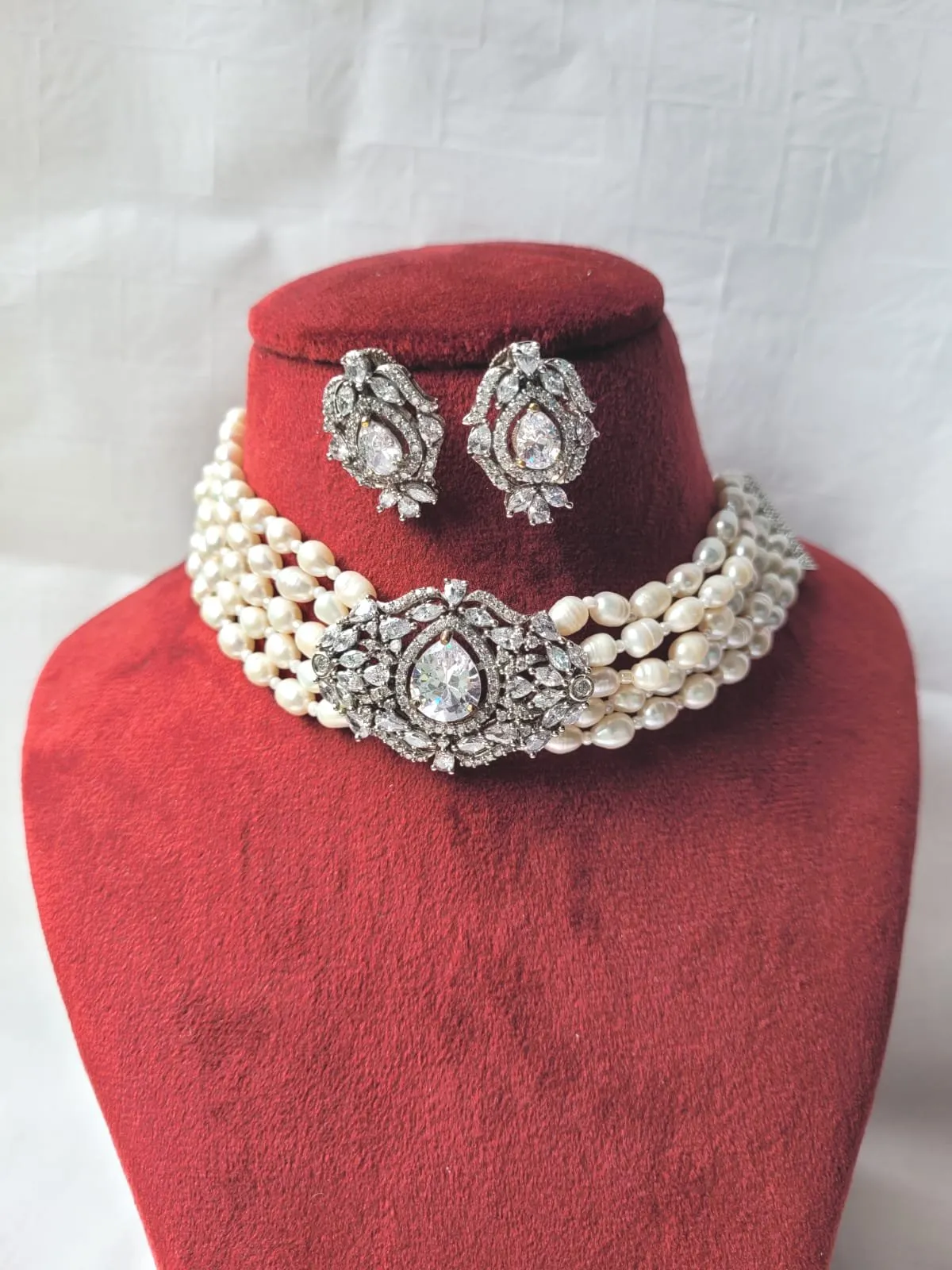 Baroque Pearl White Choker Diamond Necklace  Set