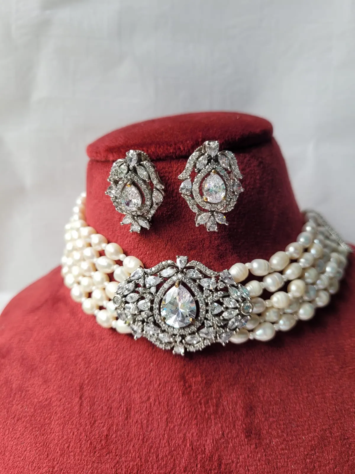 Baroque Pearl White Choker Diamond Necklace  Set