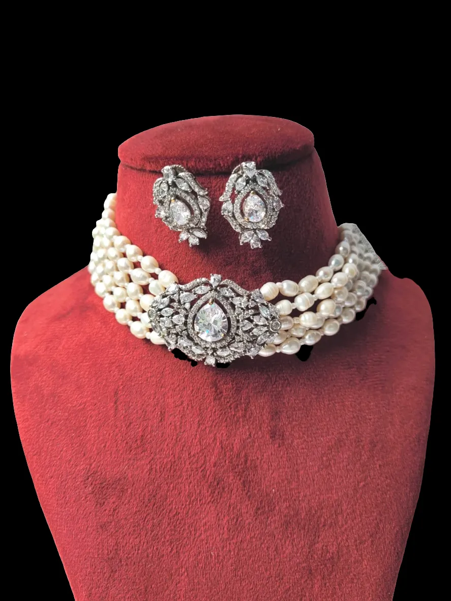 Baroque Pearl White Choker Diamond Necklace  Set