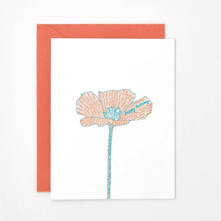 Birthday Poppy Letterpress Card - Made without electricity or paper, sustainable