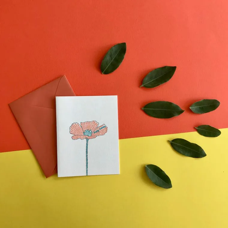 Birthday Poppy Letterpress Card - Made without electricity or paper, sustainable