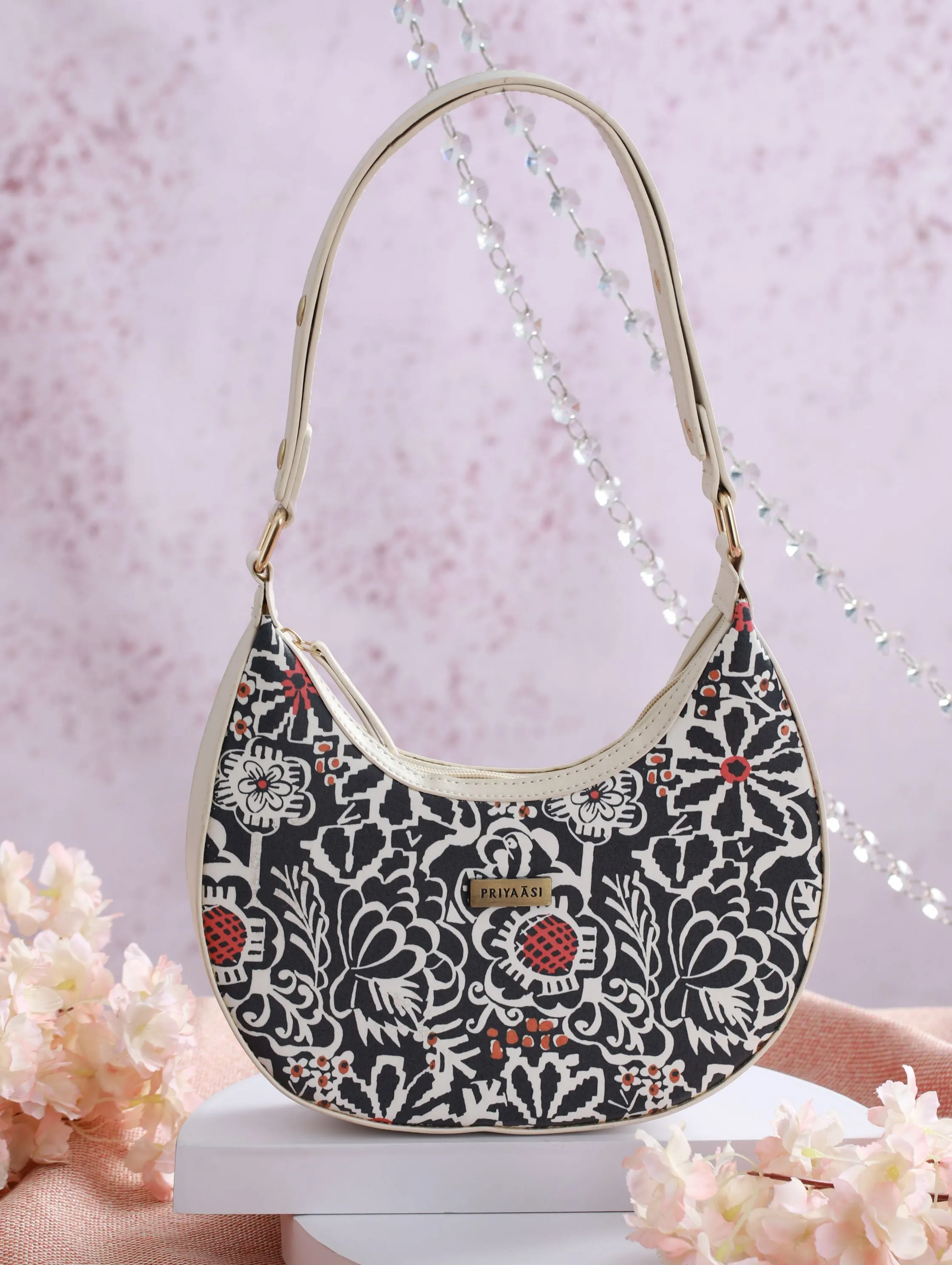 Black Floral Motif Saddle Bag