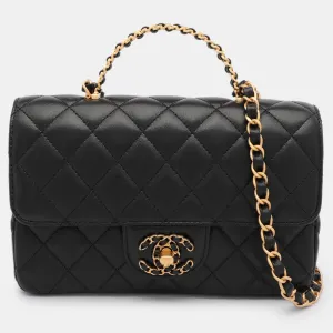 Black Quilted Leather Mini Flap Top Handle Bag