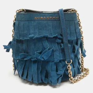 Blue Suede Mini Fringe Bucket Bag