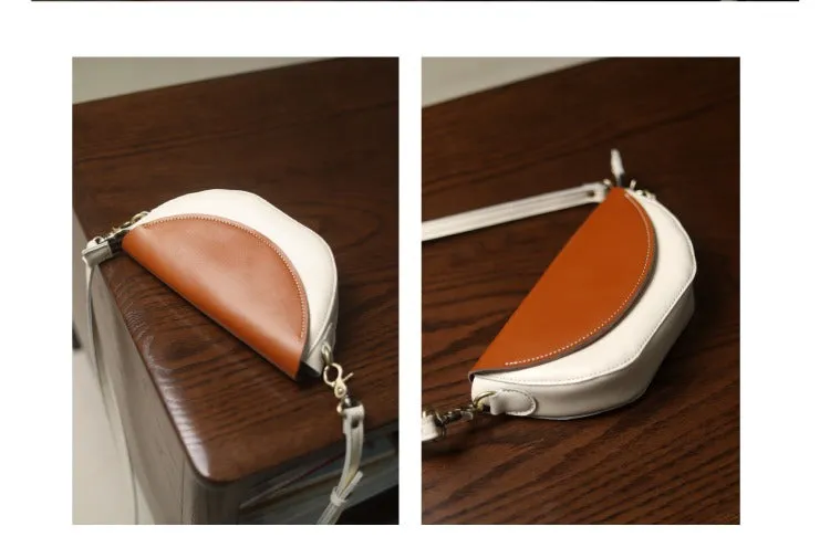 Brown&White LEATHER Saddle Side Bag WOMEN Contrast SHOULDER BAG Small Crossbody Purse FOR WOMEN