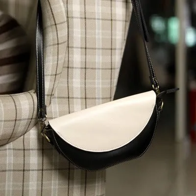 Brown&White LEATHER Saddle Side Bag WOMEN Contrast SHOULDER BAG Small Crossbody Purse FOR WOMEN