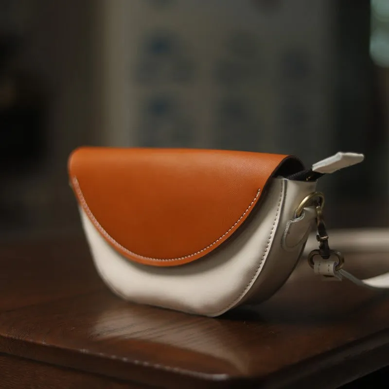 Brown&White LEATHER Saddle Side Bag WOMEN Contrast SHOULDER BAG Small Crossbody Purse FOR WOMEN