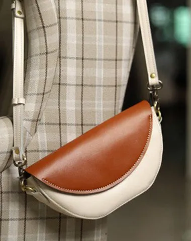 Brown&White LEATHER Saddle Side Bag WOMEN Contrast SHOULDER BAG Small Crossbody Purse FOR WOMEN