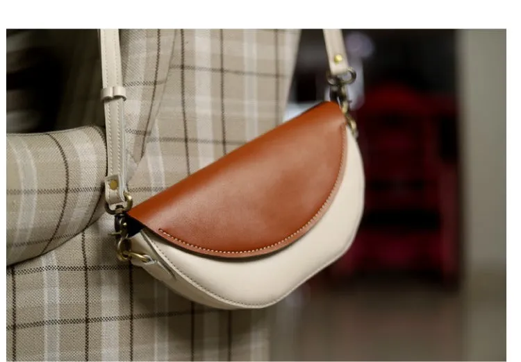 Brown&White LEATHER Saddle Side Bag WOMEN Contrast SHOULDER BAG Small Crossbody Purse FOR WOMEN