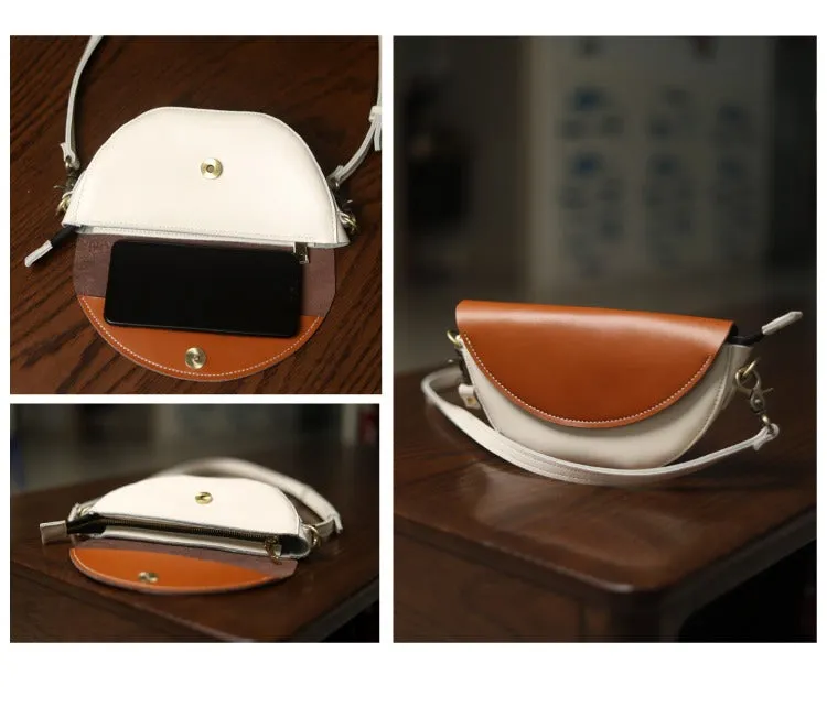 Brown&White LEATHER Saddle Side Bag WOMEN Contrast SHOULDER BAG Small Crossbody Purse FOR WOMEN