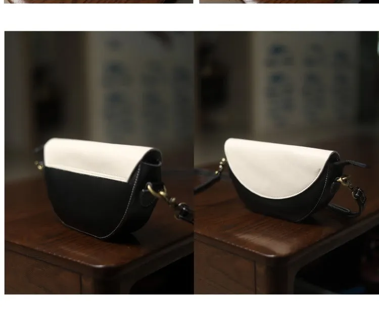 Brown&White LEATHER Saddle Side Bag WOMEN Contrast SHOULDER BAG Small Crossbody Purse FOR WOMEN