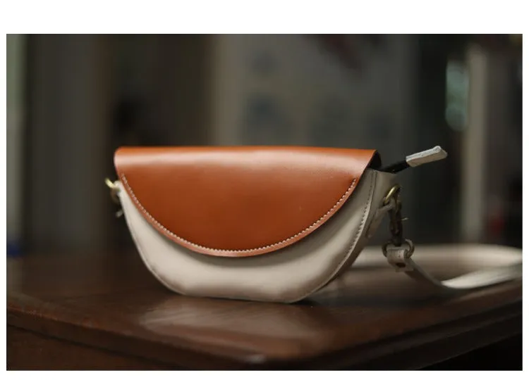 Brown&White LEATHER Saddle Side Bag WOMEN Contrast SHOULDER BAG Small Crossbody Purse FOR WOMEN