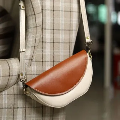 Brown&White LEATHER Saddle Side Bag WOMEN Contrast SHOULDER BAG Small Crossbody Purse FOR WOMEN