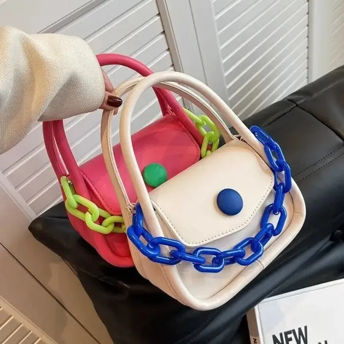 Button and Chain Contrast Color Cute Hand-bag