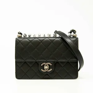 Chanel Black Lambskin Logo Pearl Flap