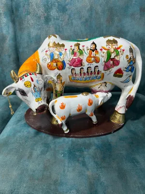 Cow Calf Kamdhenu Hand Painted Excellent Resin Craftsmanship From Tamrapatra