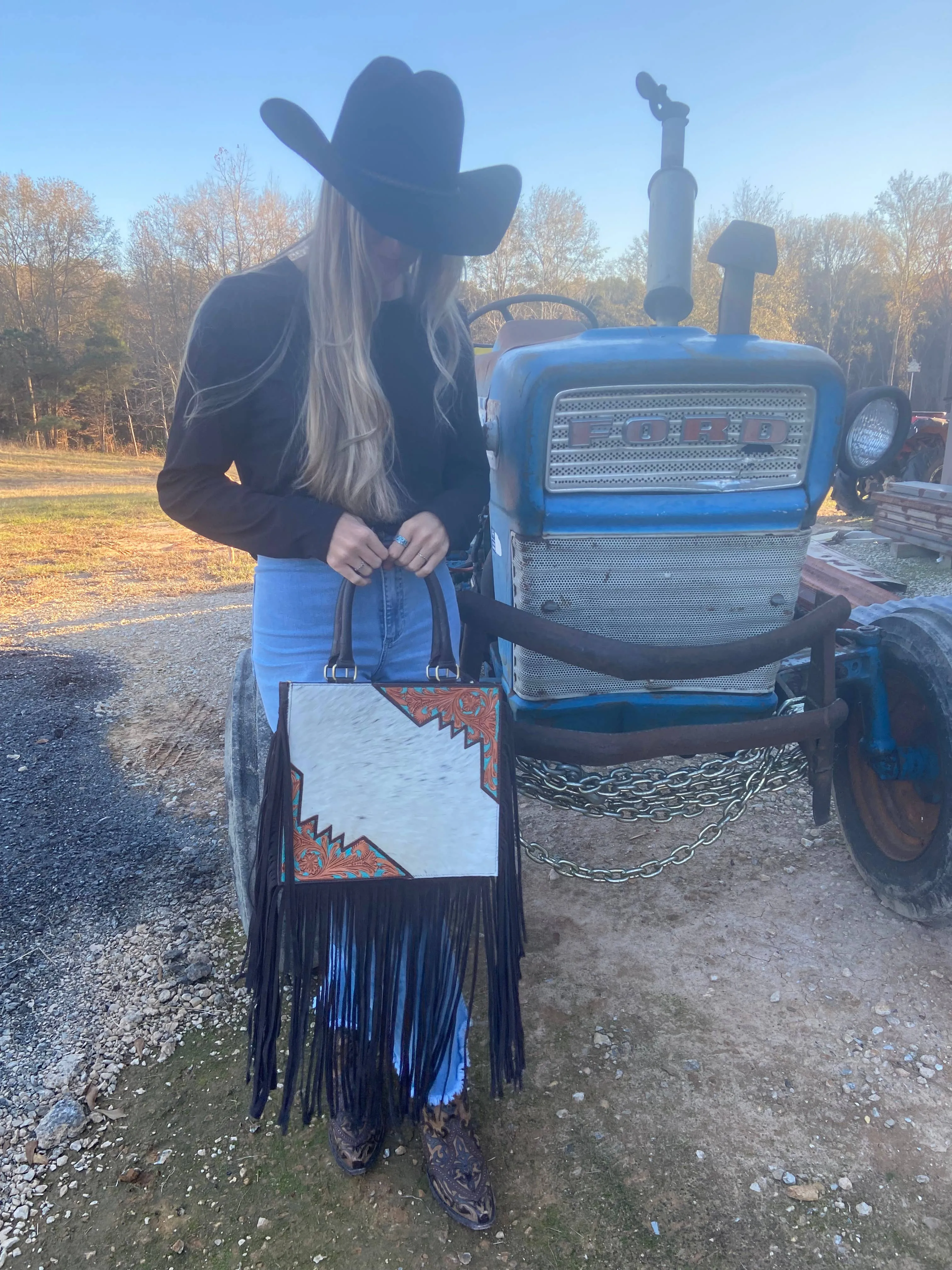 Cowhide and Tooled Leather Fringe Bag Tote