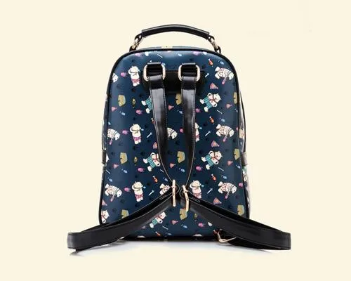 Cute Cartoon PU Leather Backpack with Built-In Handle- Black