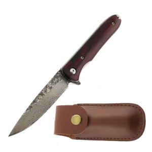 Damascus steel blade camping survival camping damascus pocket knife with leather sheath