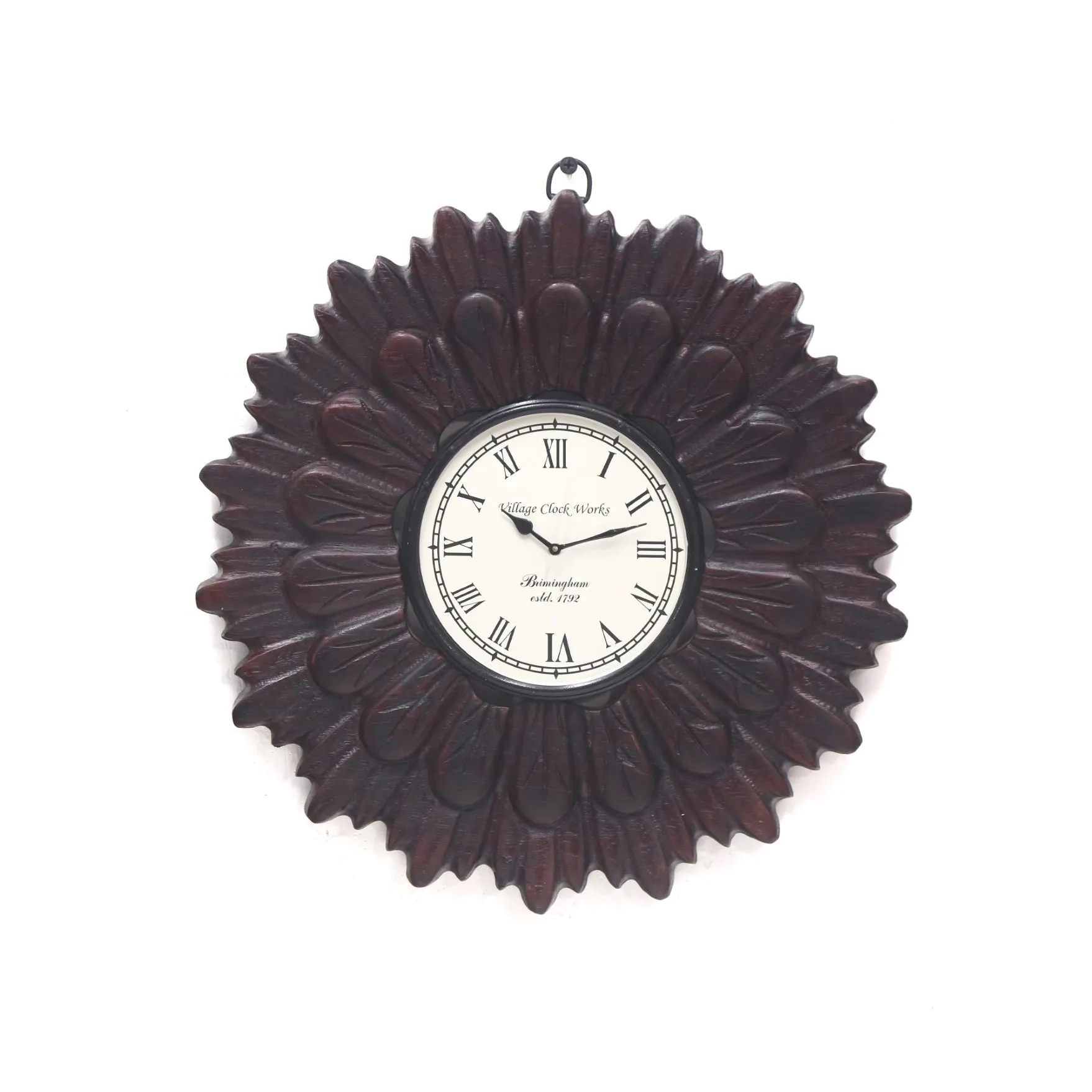 Dark Vintage Handmade Round Carved Wooden Clock