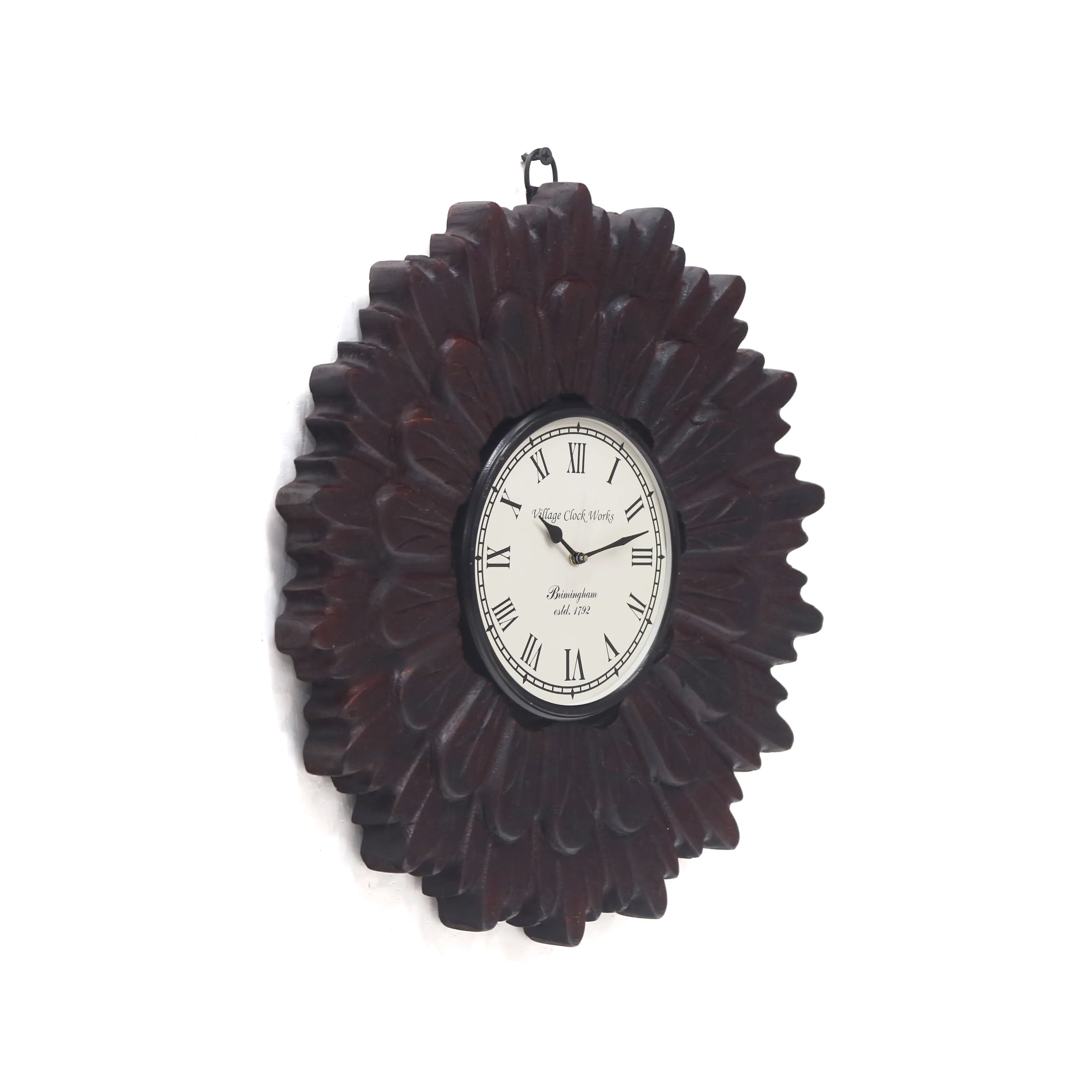 Dark Vintage Handmade Round Carved Wooden Clock