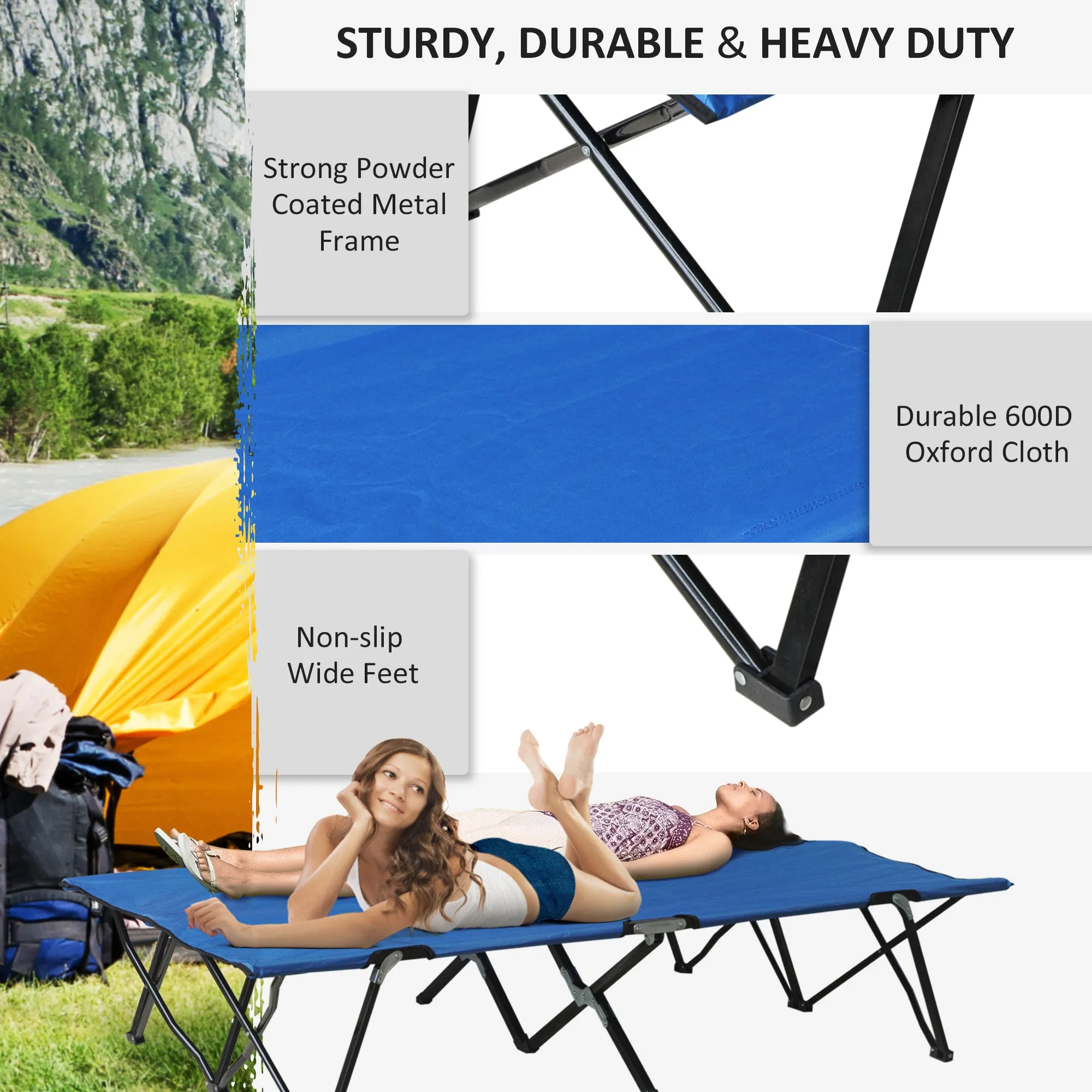 Double Camping Cot Foldable Sunbed Outdoor Patio Sleeping Bed Super w/ Carr Bag (Blue)