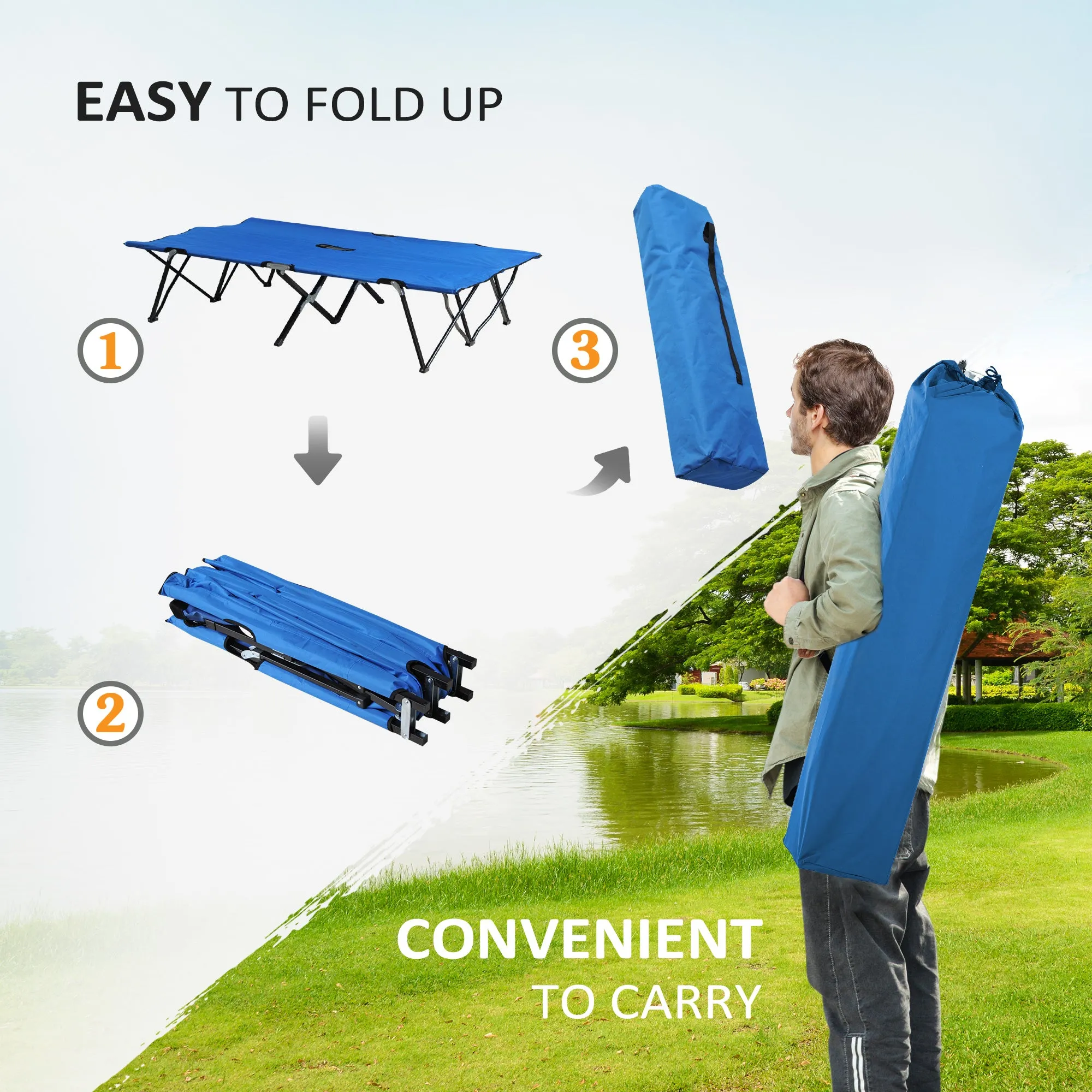 Double Camping Cot Foldable Sunbed Outdoor Patio Sleeping Bed Super w/ Carr Bag (Blue)