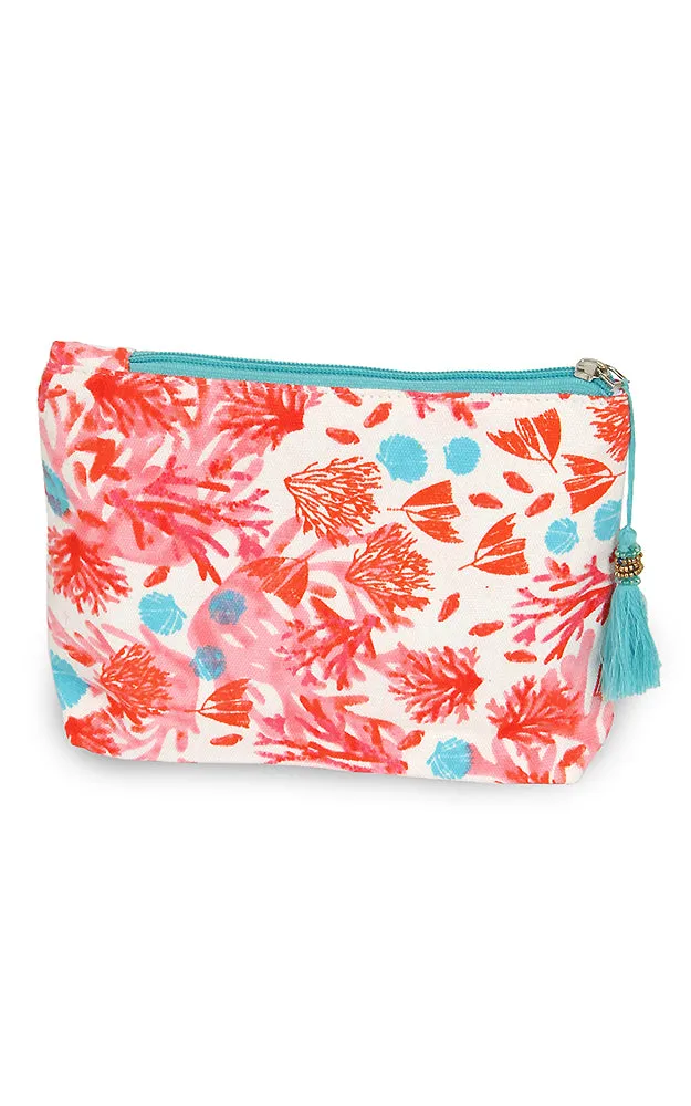 EAB0197 Orange Coral Print Tassel Cosmetic Pouch Bag