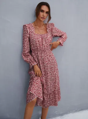 Floral Long Sleeve Chiffon Flounce Dress