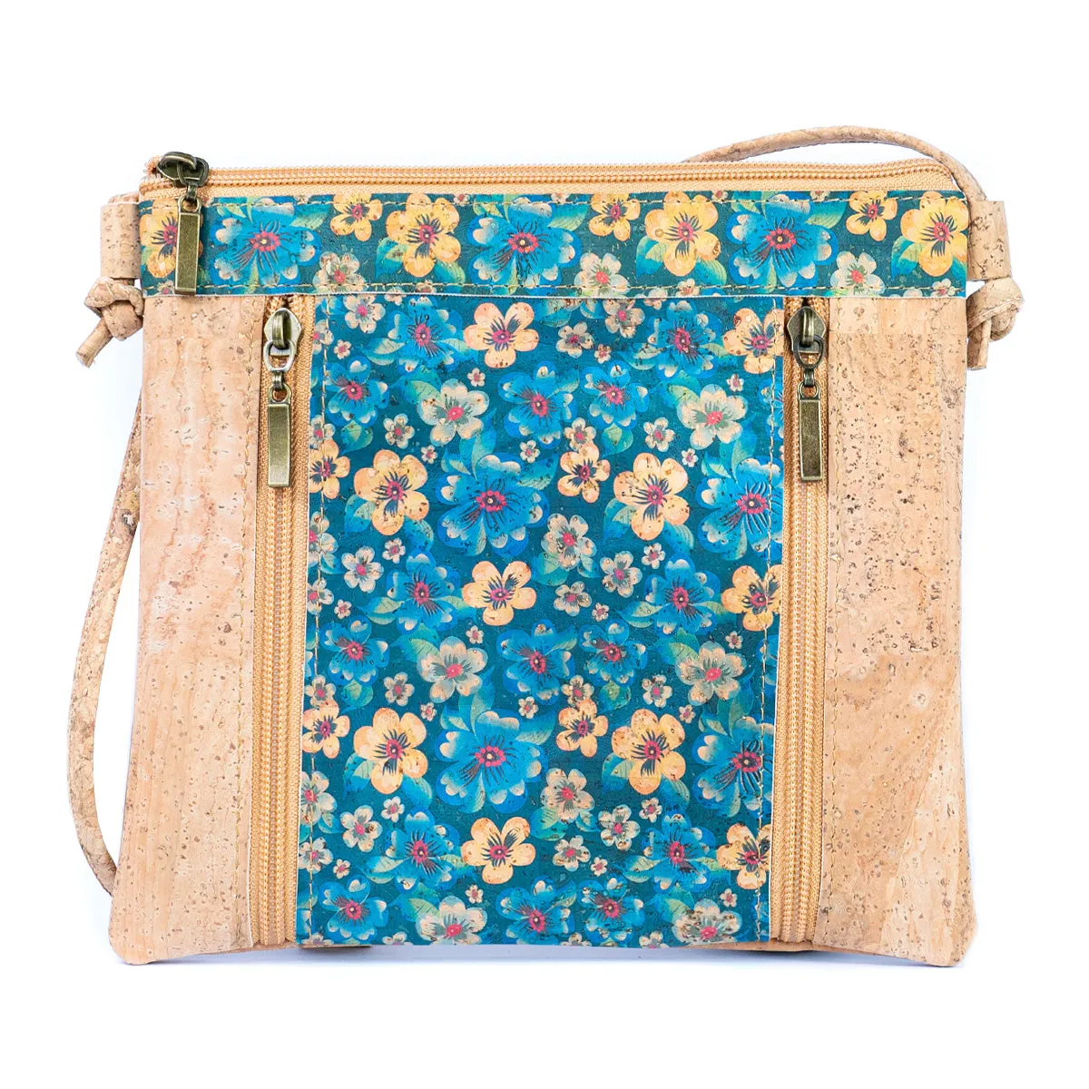 Floral White Print Cork Shoulder Bag with Zippered Pockets BAGP-019