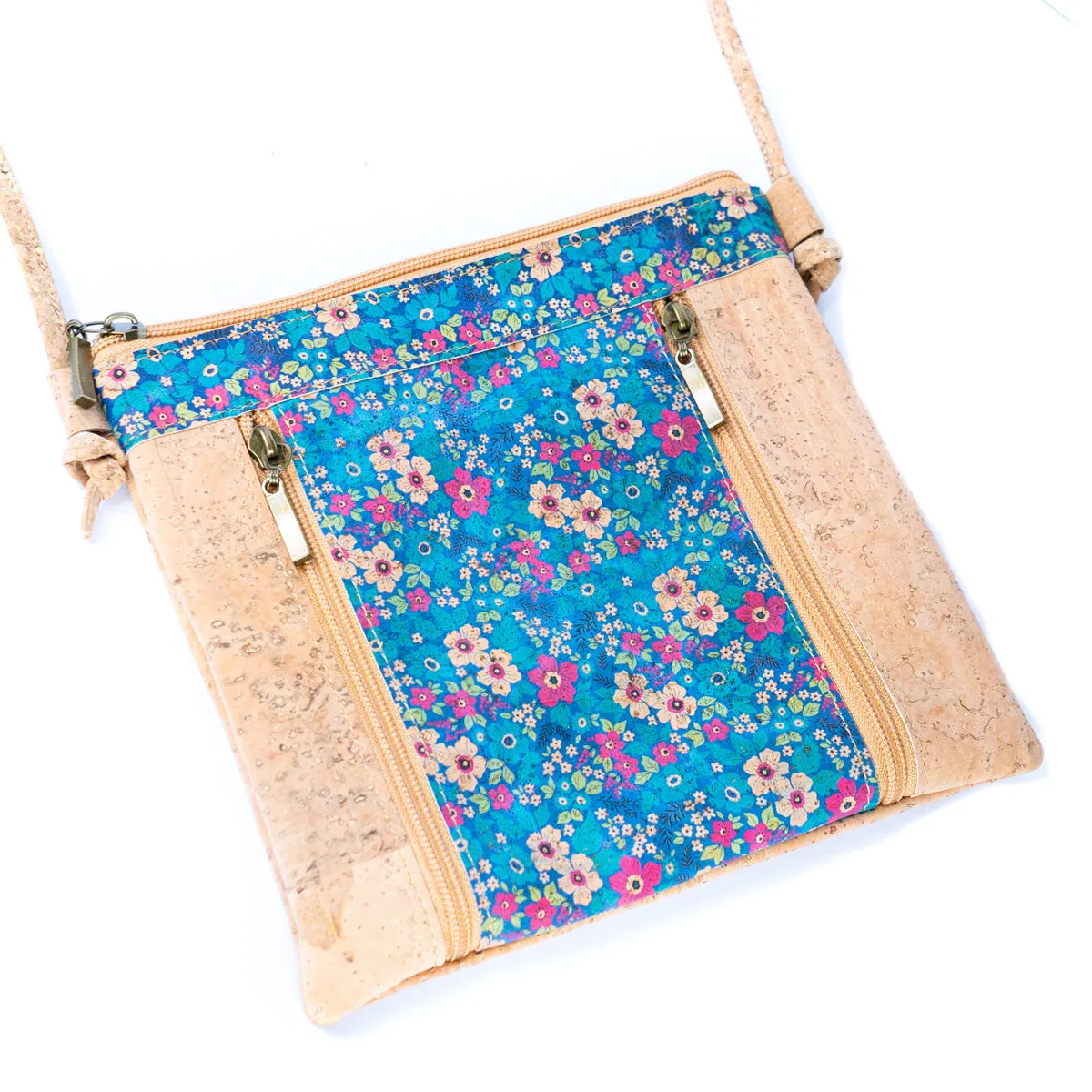 Floral White Print Cork Shoulder Bag with Zippered Pockets BAGP-019