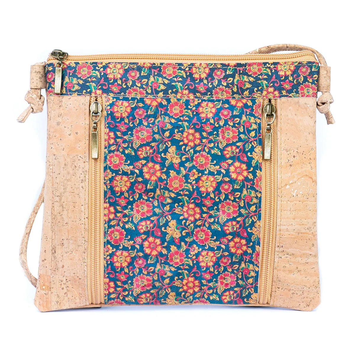 Floral White Print Cork Shoulder Bag with Zippered Pockets BAGP-019