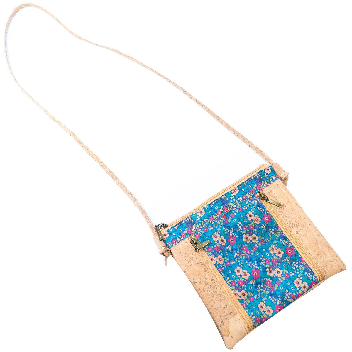 Floral White Print Cork Shoulder Bag with Zippered Pockets BAGP-019