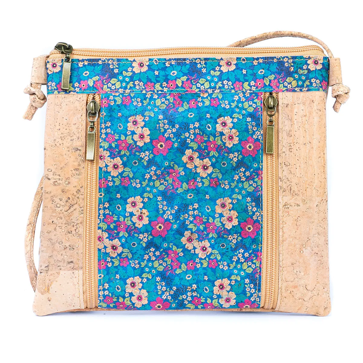 Floral White Print Cork Shoulder Bag with Zippered Pockets BAGP-019