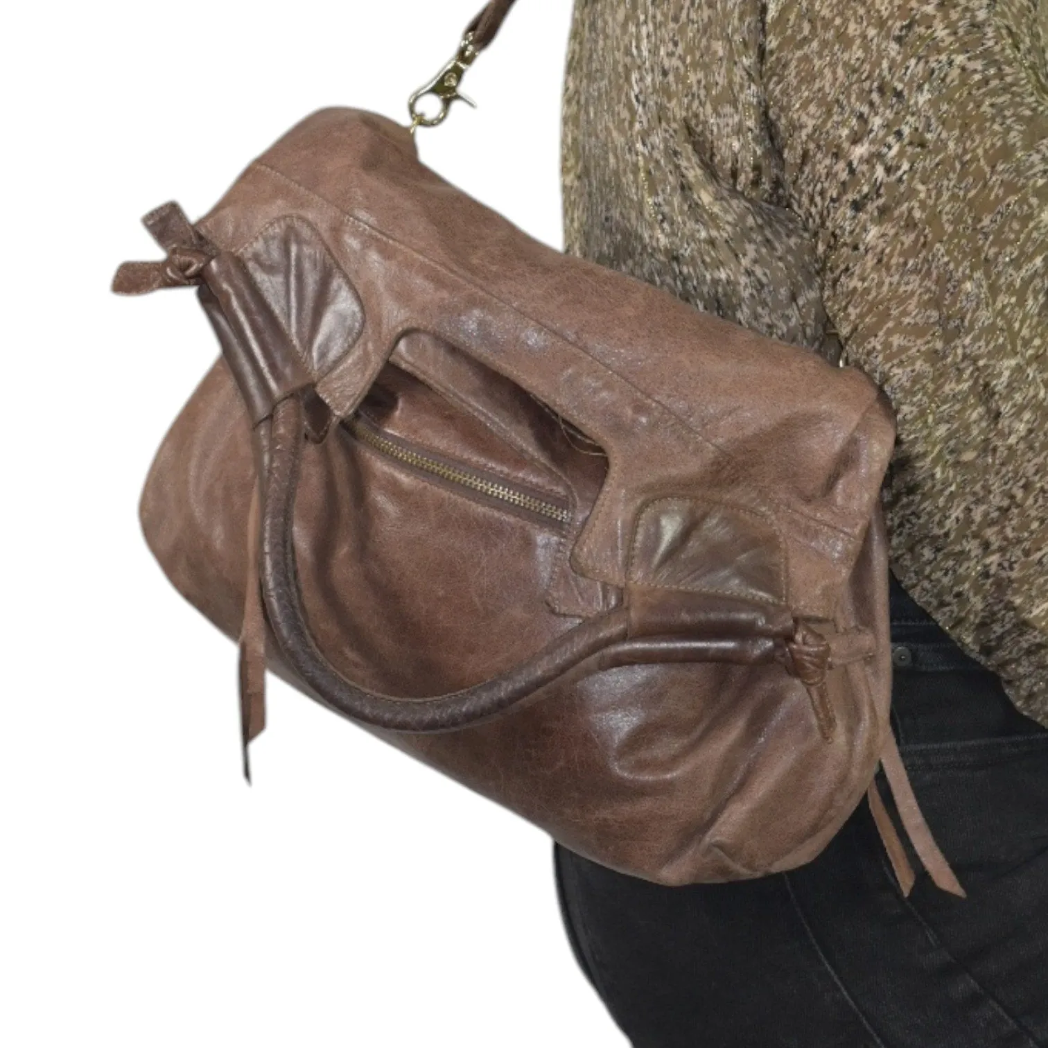 Foley Corinna Disco City Leather Tote Brown Shoulder Bag Slouchy Hobo Convertible Fold Over Crossbody