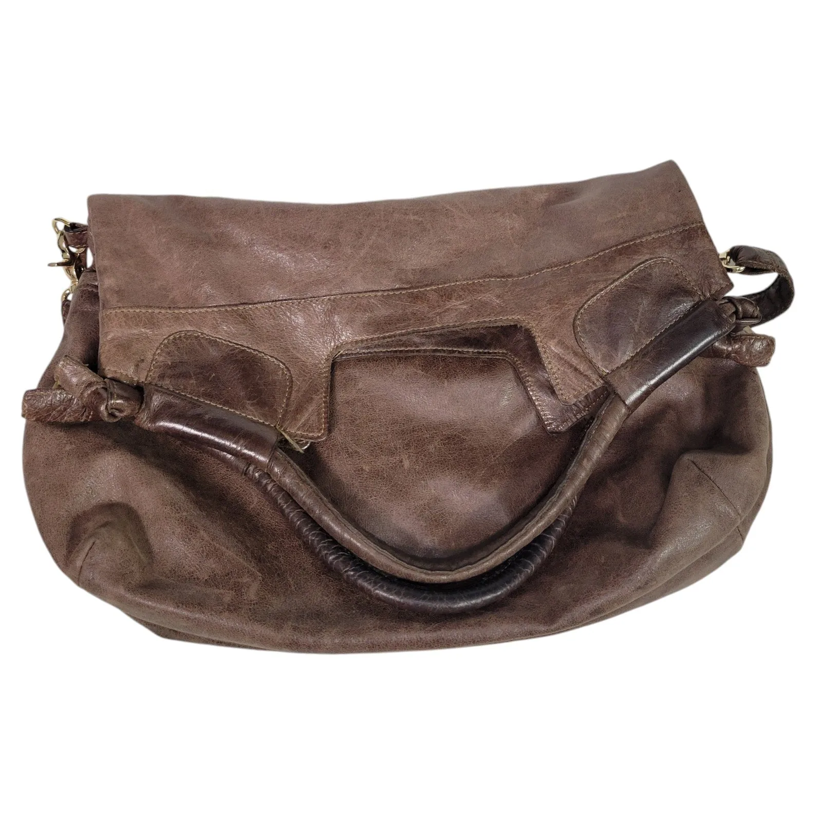 Foley Corinna Disco City Leather Tote Brown Shoulder Bag Slouchy Hobo Convertible Fold Over Crossbody