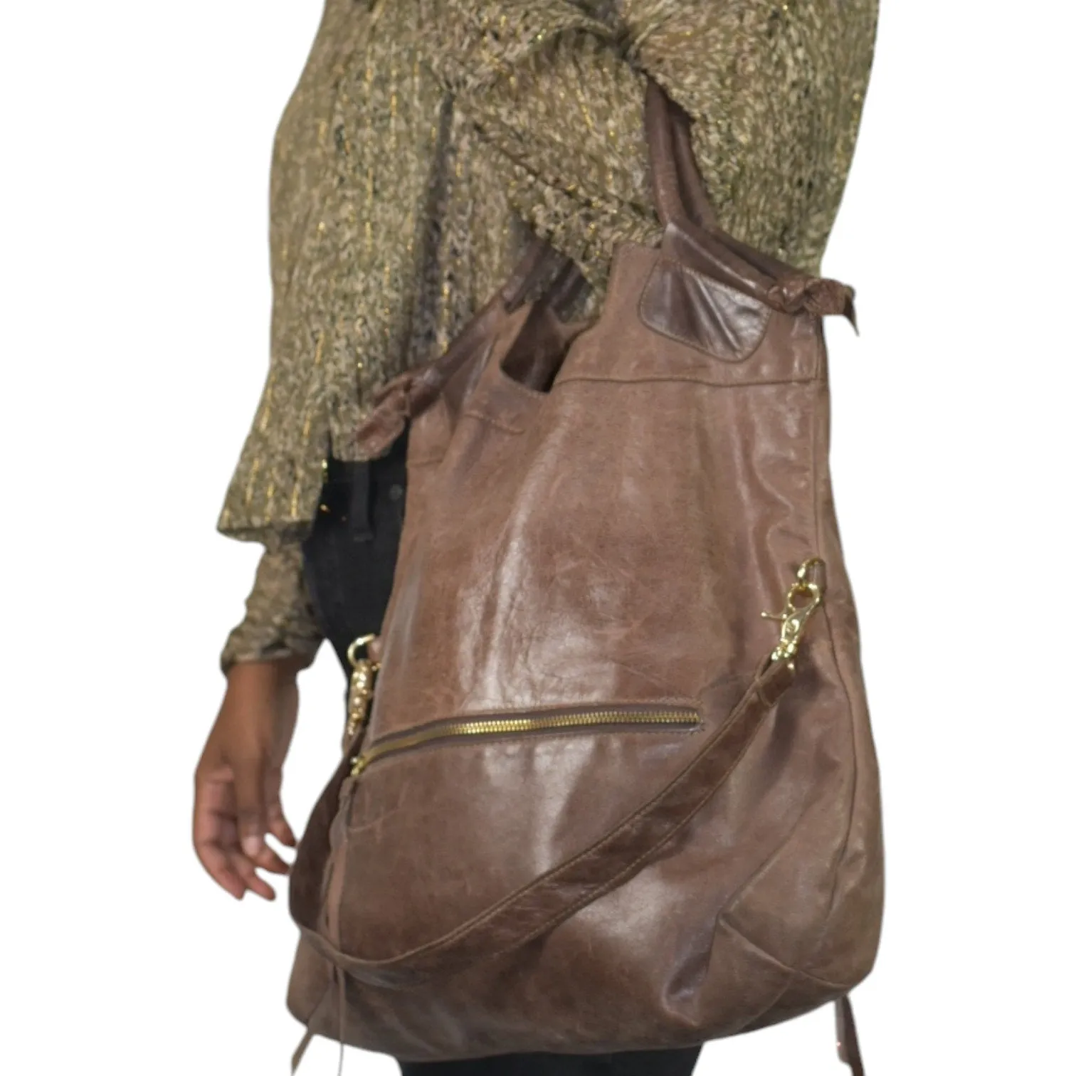 Foley Corinna Disco City Leather Tote Brown Shoulder Bag Slouchy Hobo Convertible Fold Over Crossbody