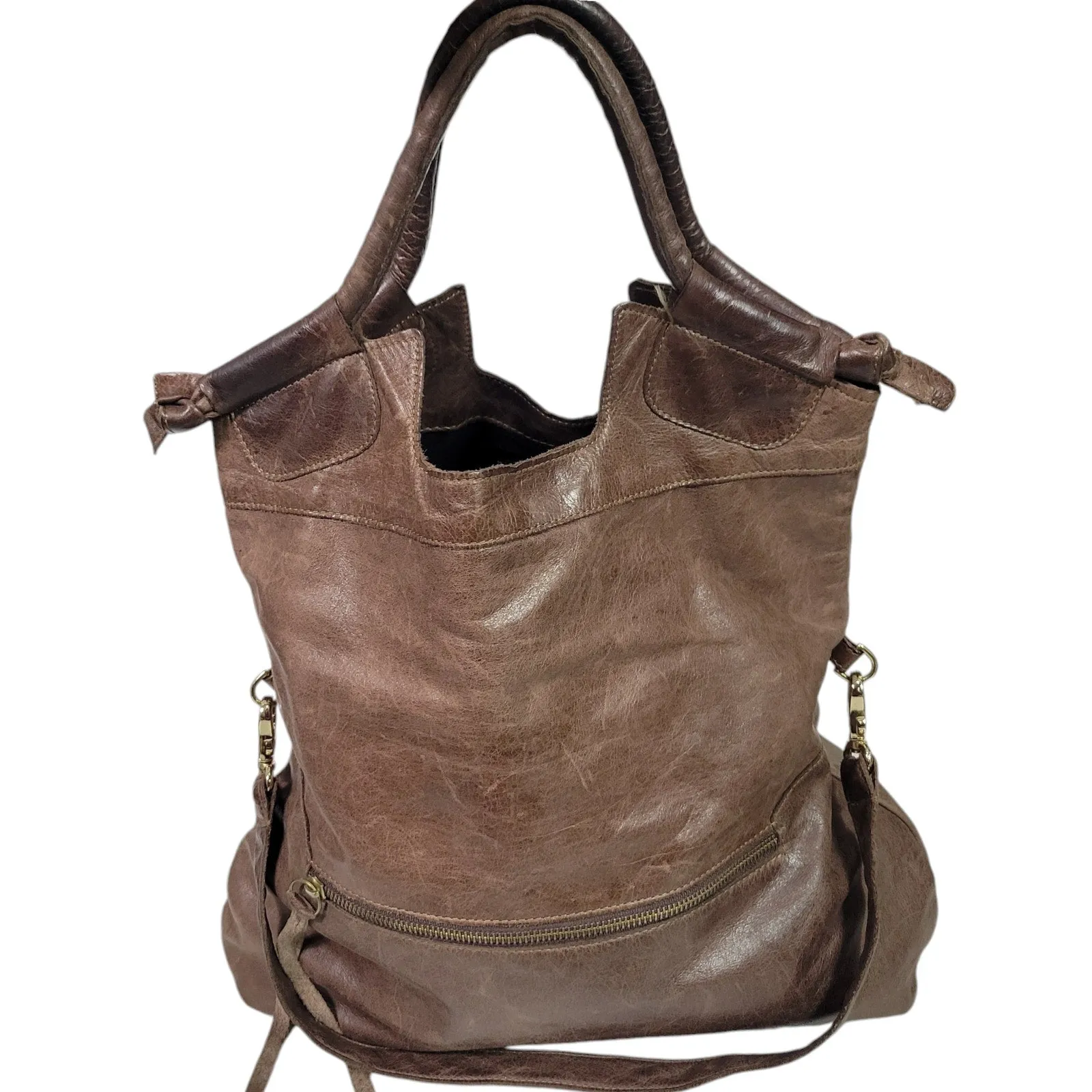 Foley Corinna Disco City Leather Tote Brown Shoulder Bag Slouchy Hobo Convertible Fold Over Crossbody